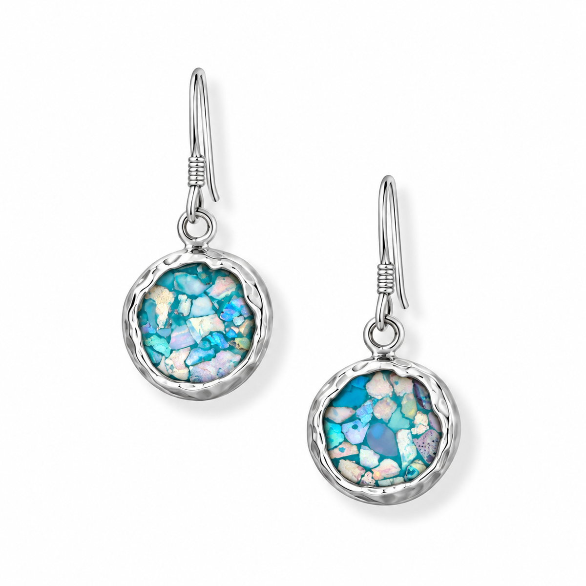Round Roman Glass Hammered Dangle Earrings 925 Sterling Silver 9mm w/ CoA