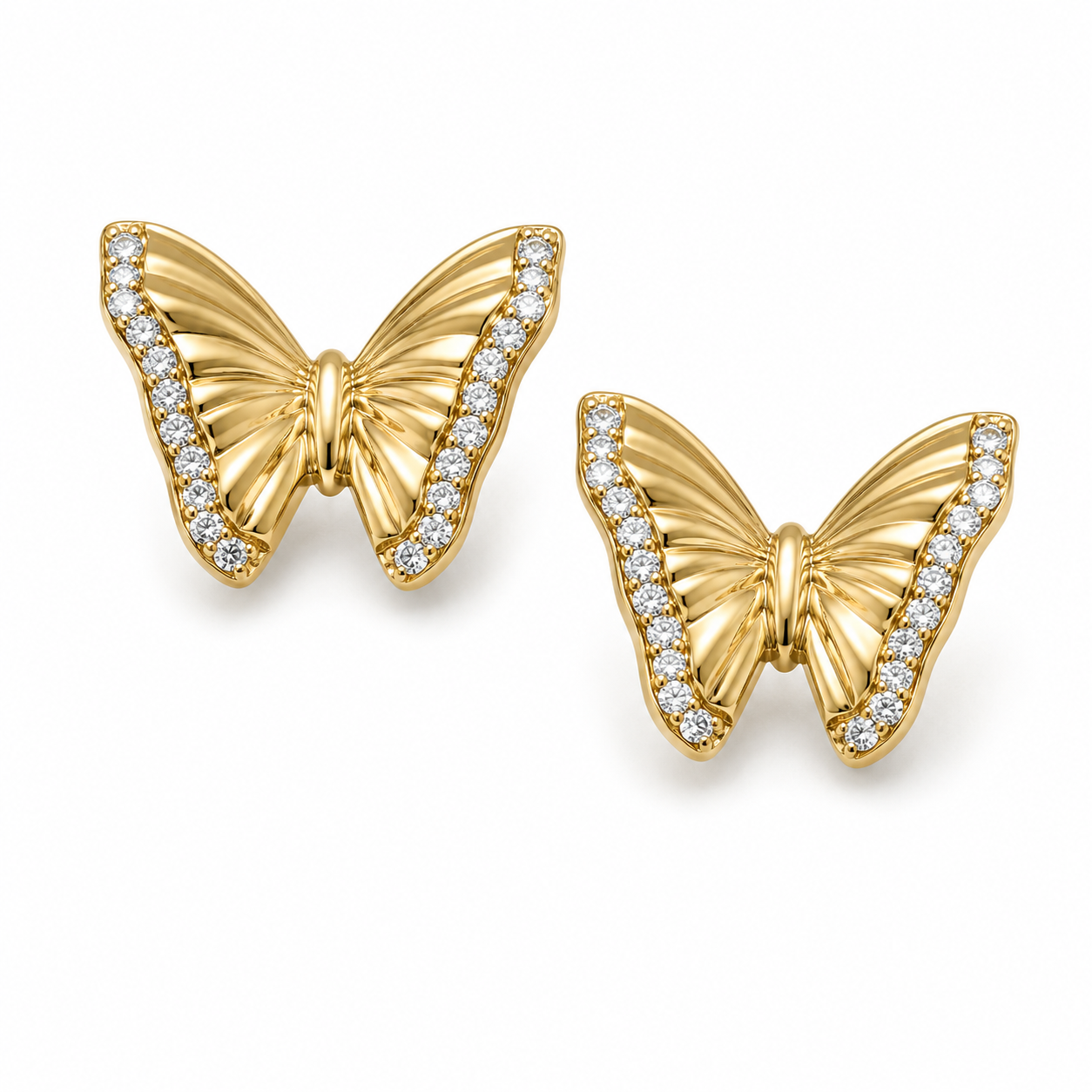 CZ Butterfly Stud Earrings 14K Gold Plated 925 Sterling Silver 15x10.7mm