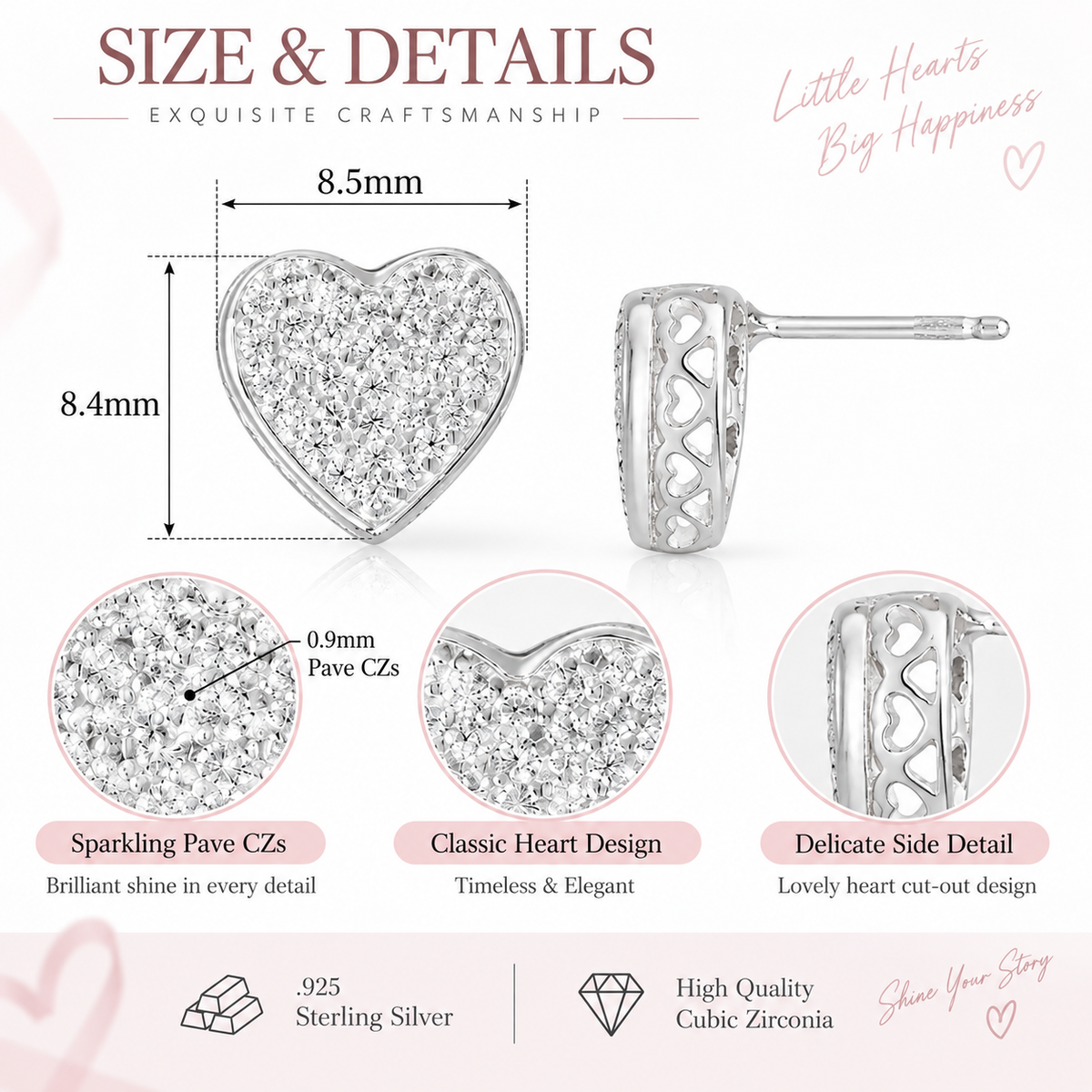 Micro Pavé CZ Heart Stud Earrings 925 Sterling Silver 8.5mm