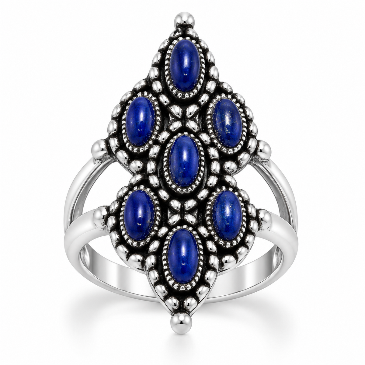 Oxidized Lapis Ring 925 Silver 7 Marquise 2.3x5.7mm Split Band 3.3mm Sizes 6-10