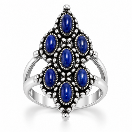 Oxidized Lapis Ring 925 Silver 7 Marquise 2.3x5.7mm Split Band 3.3mm Sizes 6-10