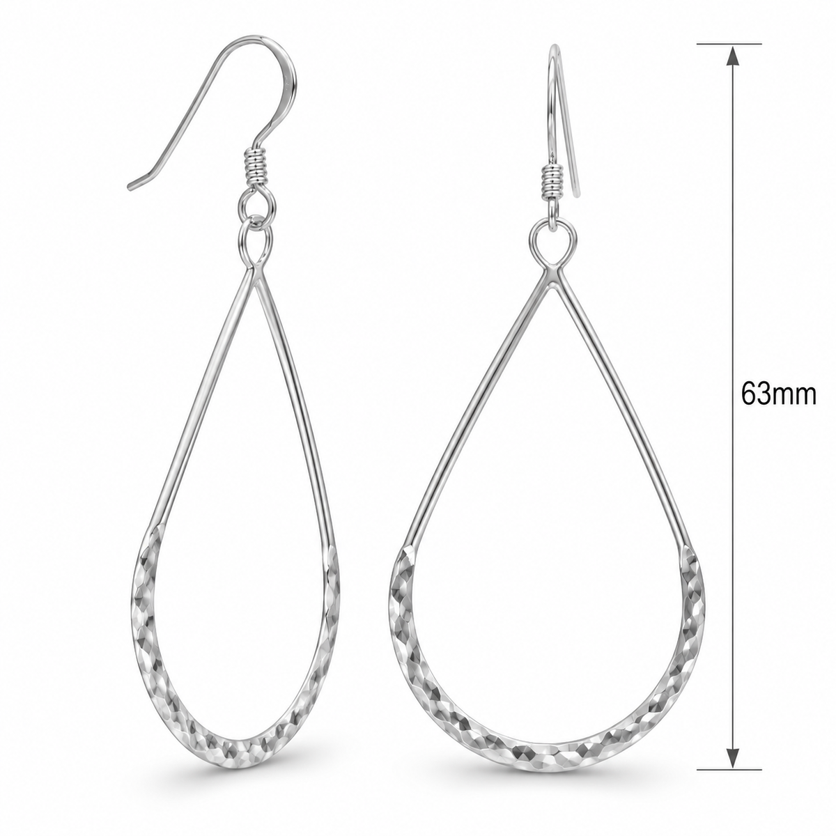 Hammered Open Pear Shape Drop Earrings 925 Sterling Silver 63mm French Wire