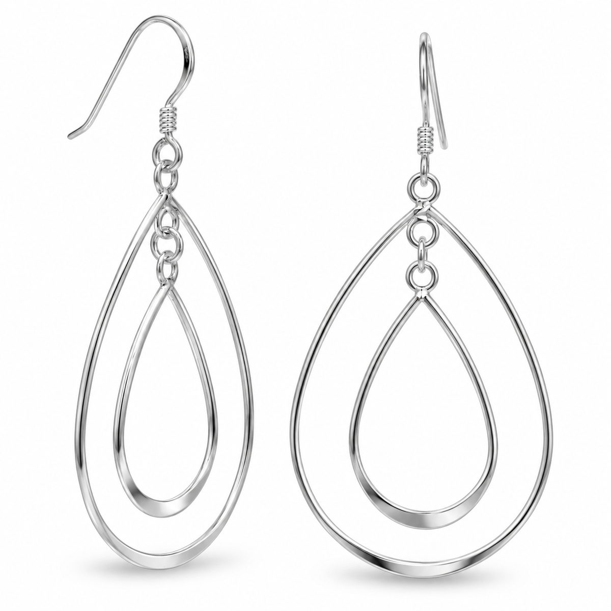 Double Pear Shape Drop Earrings 925 Sterling Silver 35mm French Wire Polished