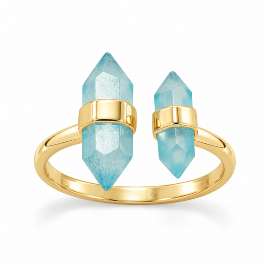 14K Gold Plated Aqua Chalcedony Split Ring 925 Silver 2 Pencil Cut Sizes 5-9