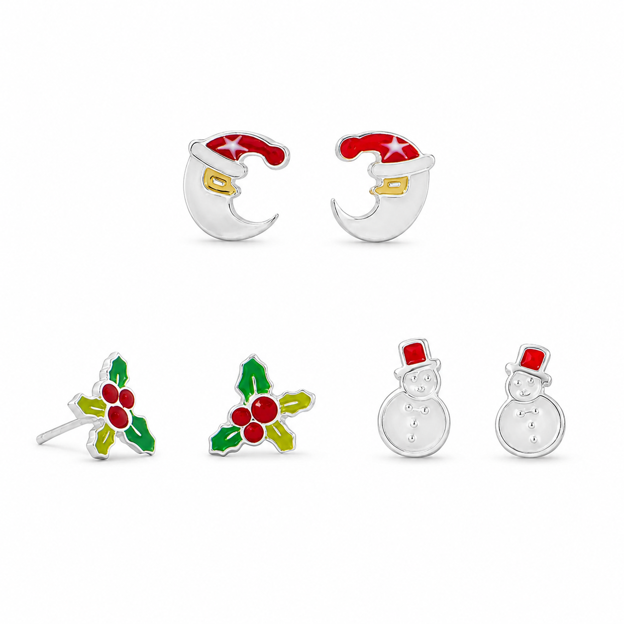 Christmas Enamel Studs 925 Sterling Silver Santa Holly Snowman 3 Pairs Set
