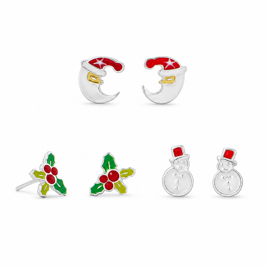Christmas Enamel Studs 925 Sterling Silver Santa Holly Snowman 3 Pairs Set