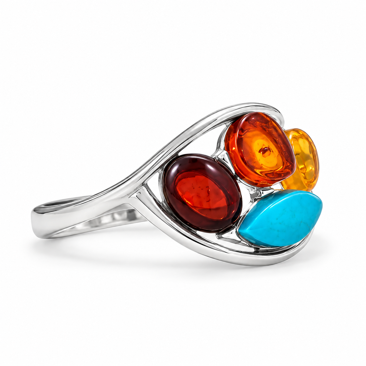 Baltic Amber Reconstituted Turquoise Cutout Ring 925 Silver Poland Sizes 6-9