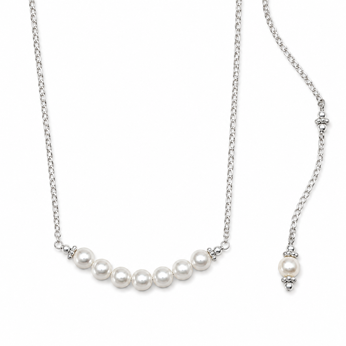 Pearl Back Drop Necklace 925 Sterling Silver 5.5mm 10 Pearls 15in+10in Drop