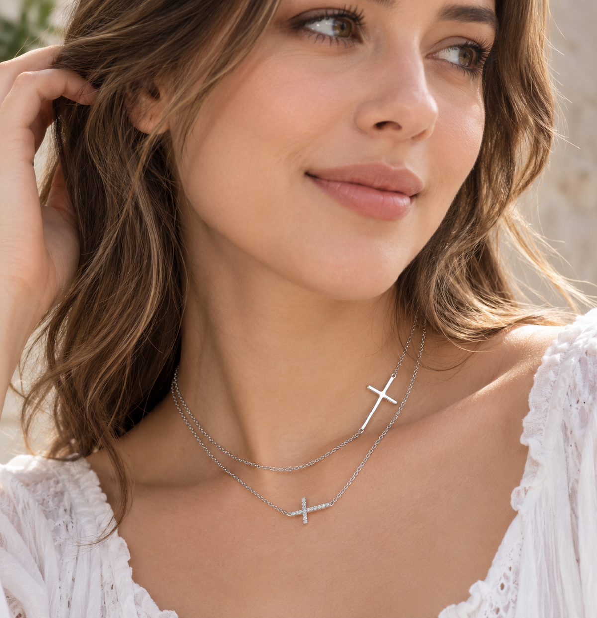CZ Sideways Cross Necklace Rhodium Plated 925 Silver 11x15mm Spring Ring 16+2