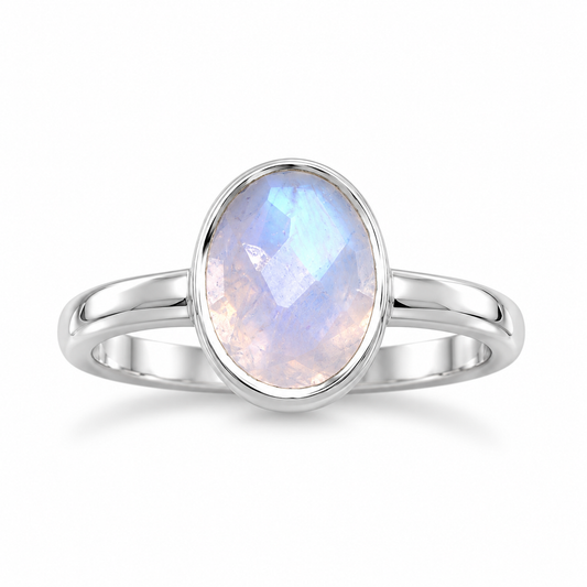Faceted Oval Rainbow Moonstone Ring 925 Sterling Silver 7x9mm