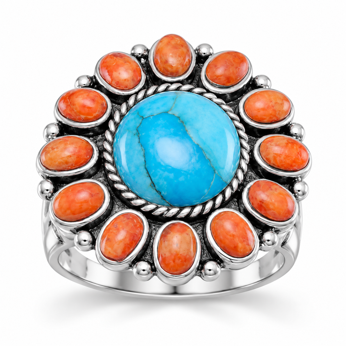 Oxidized Sunburst Ring 925 Silver Reconstituted Turquoise Coral 10mm 22mm