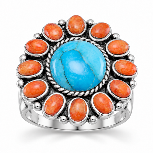 Oxidized Sunburst Ring 925 Silver Reconstituted Turquoise Coral 10mm 22mm