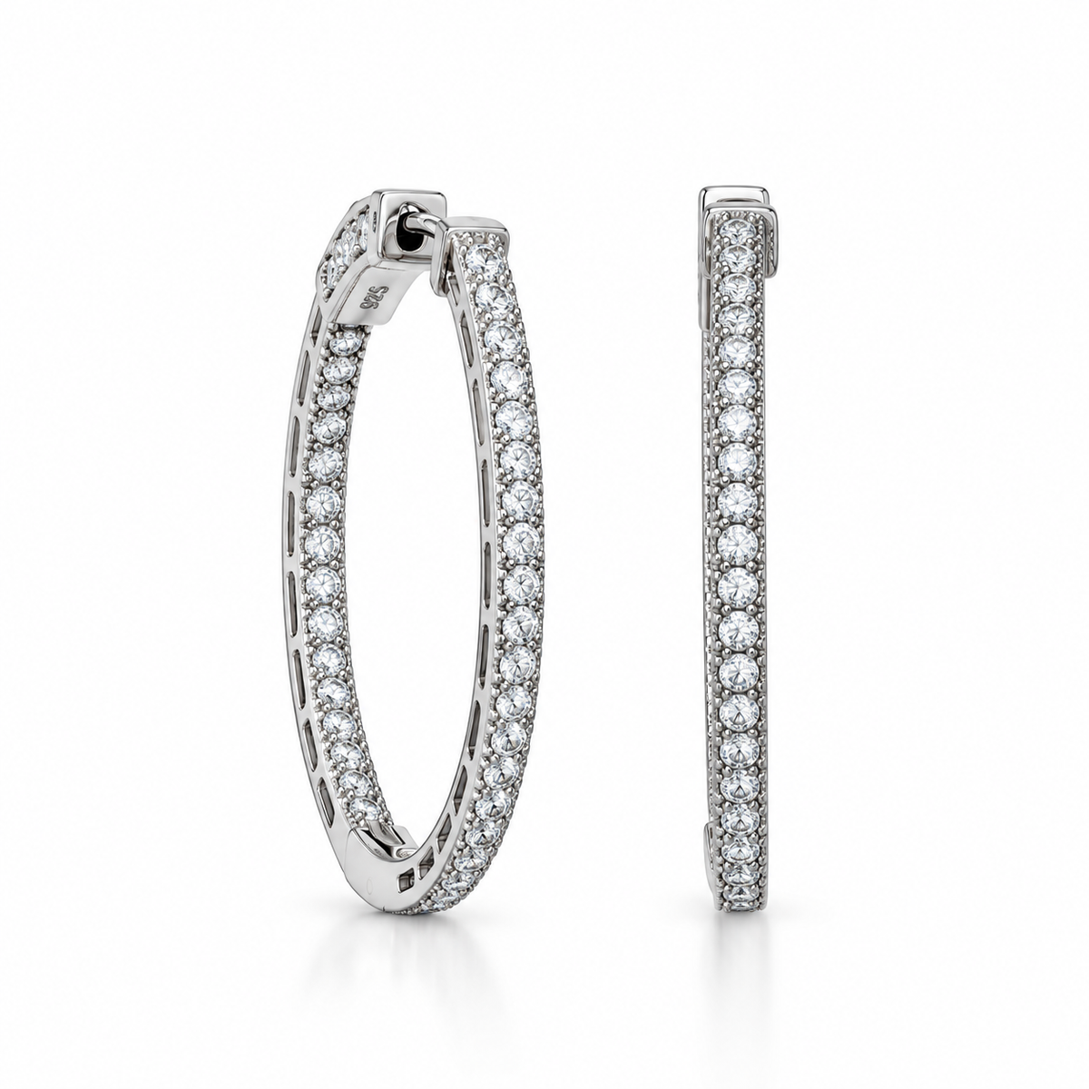 CZ Inside-Outside Round Hoop Earrings Rhodium Plated 925 Sterling Silver 30mm