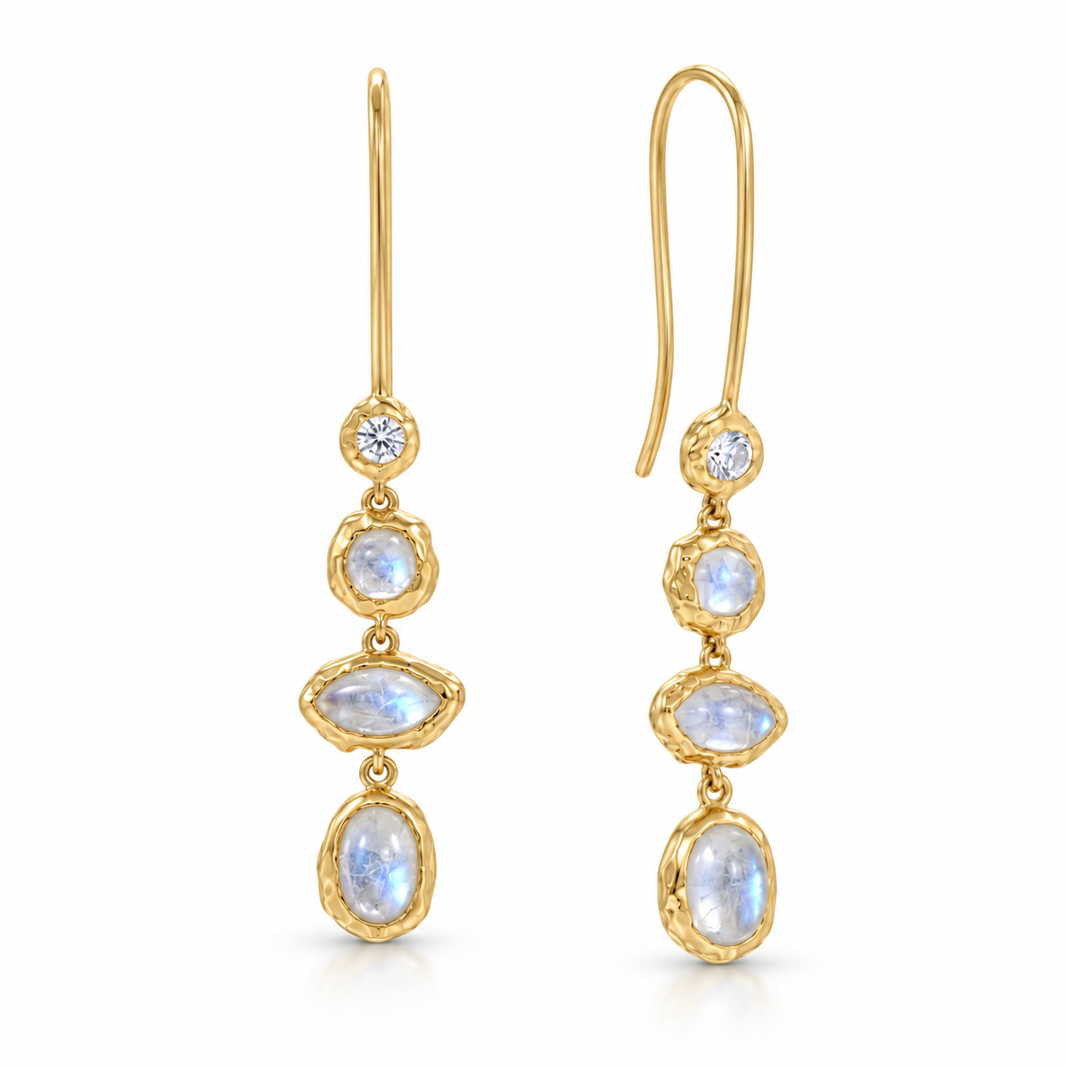 Rainbow Moonstone CZ Hammered Earrings 14K Gold Plated 925 Sterling Silver 50mm