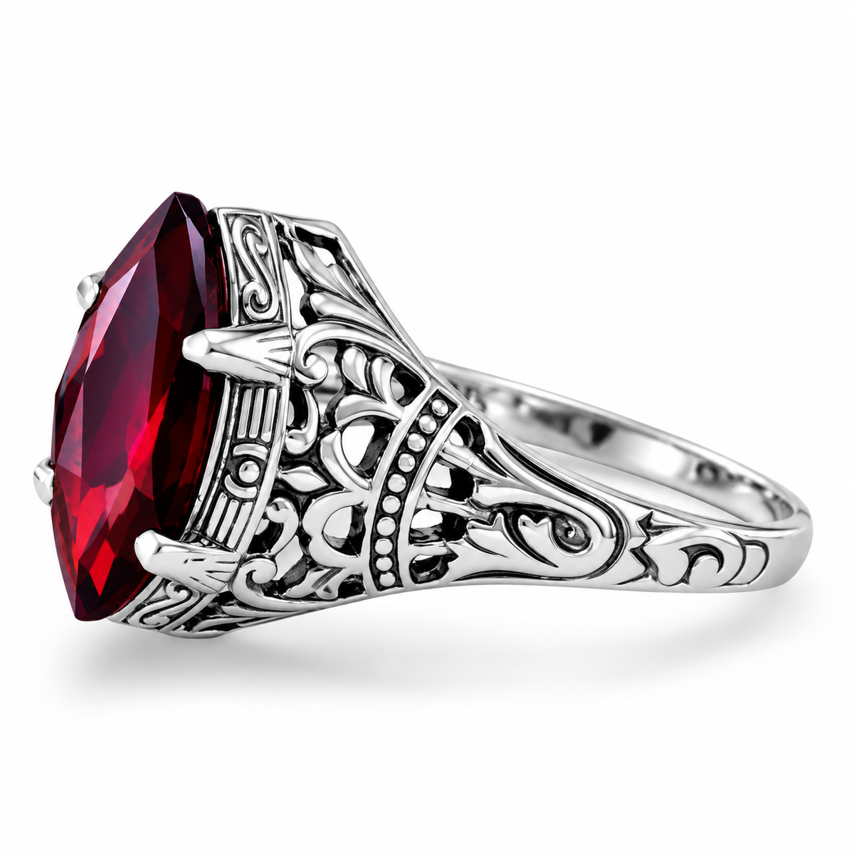 Natural Garnet Marquise Ring Oxidized 925 Sterling Silver Vintage 15x7mm