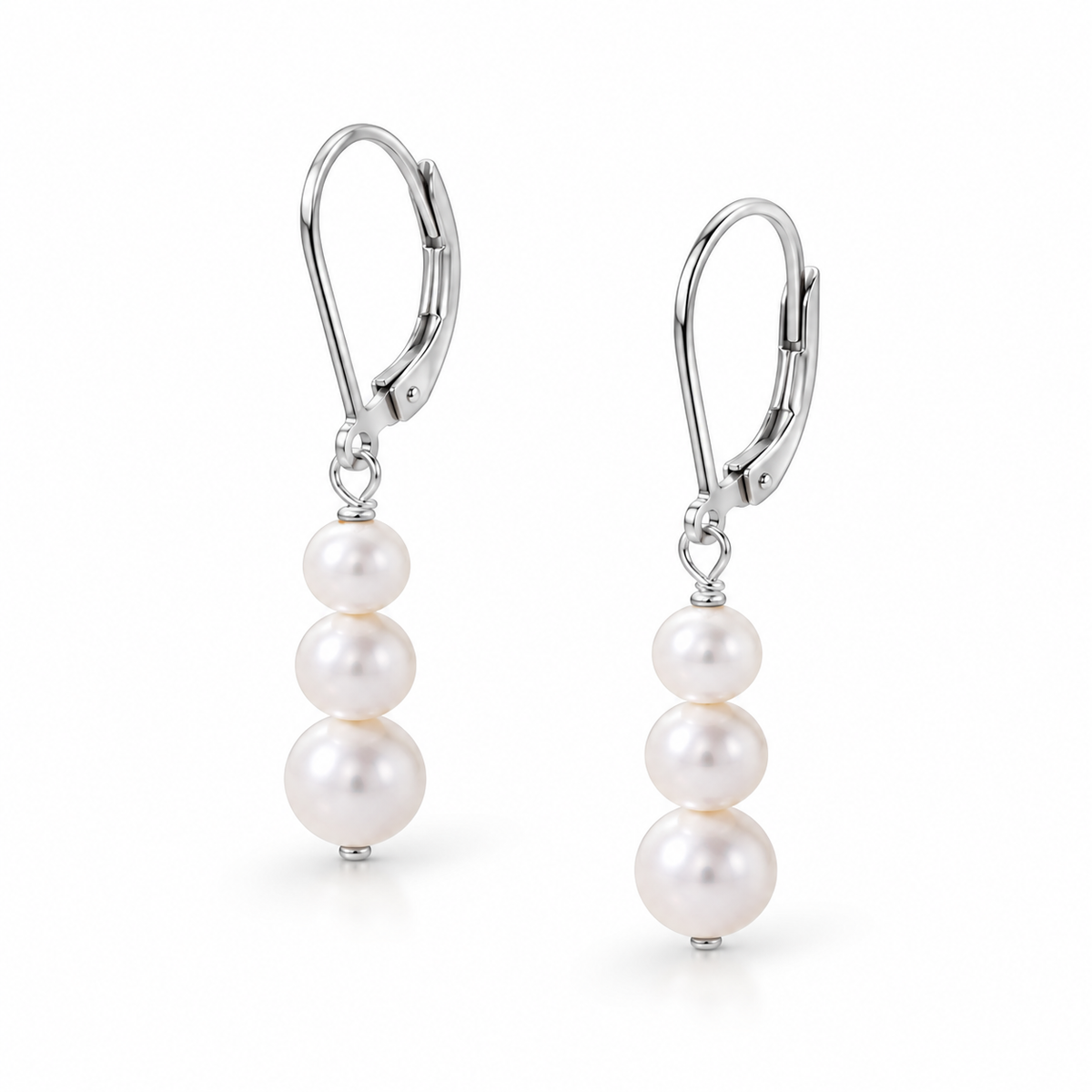Graduated Freshwater Pearl Leverback Earrings Polished 925 Sterling Silver 35.5mm