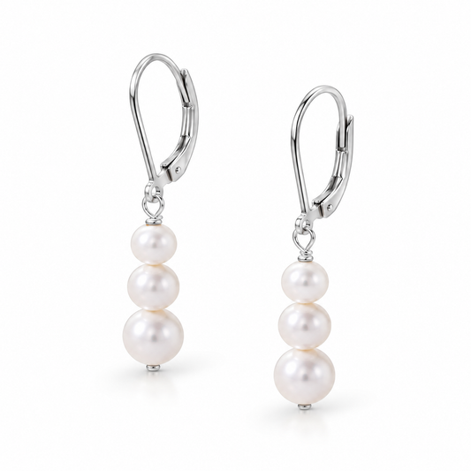 Graduated Freshwater Pearl Leverback Earrings Polished 925 Sterling Silver 35.5mm