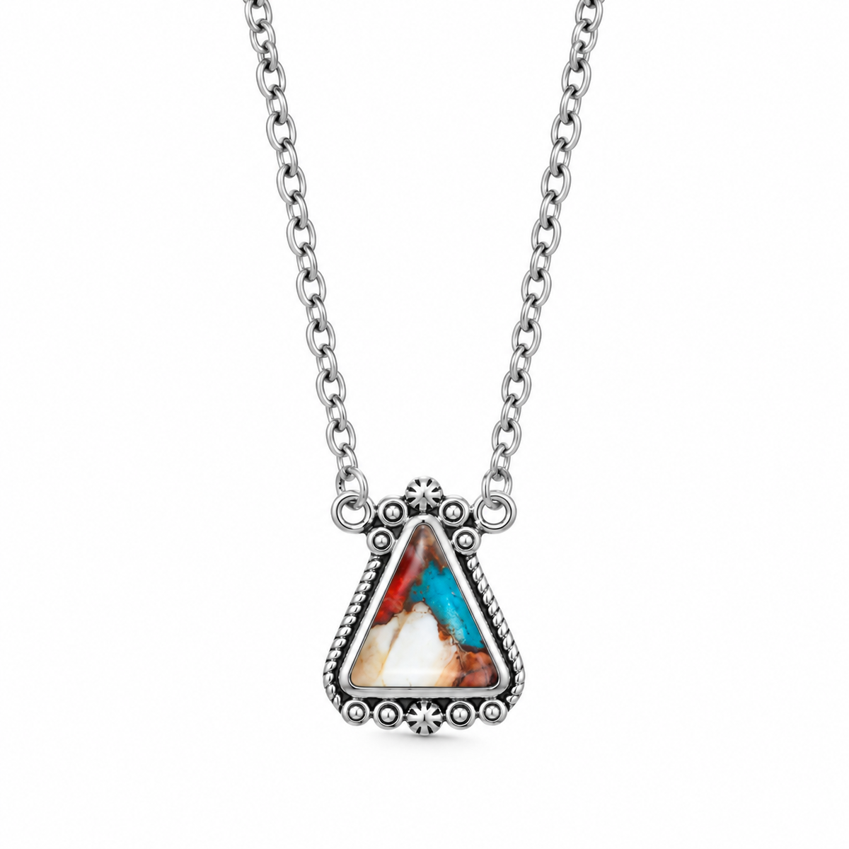 Spiny Oyster Turquoise Necklace Oxidized 925 Silver Compressed Tri 10x11mm 18+2in
