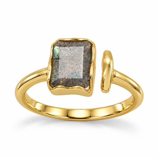 14K Gold Plated Rectangle Labradorite Split Ring 925 Silver 7x9mm Sizes 5-9