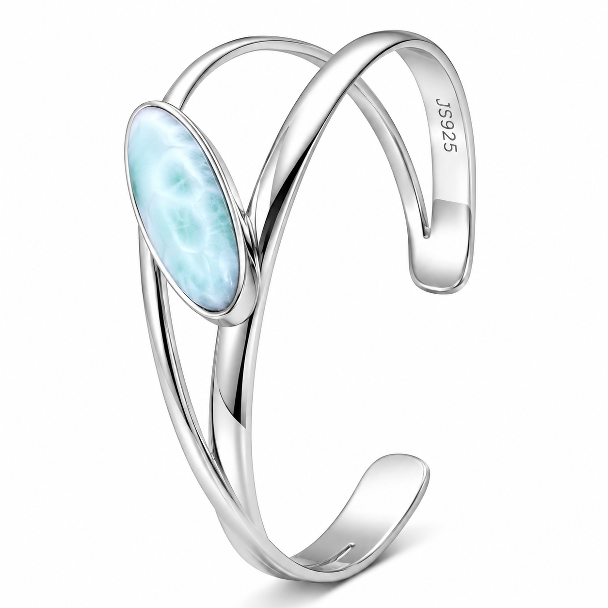 Large Oblong Larimar Cuff Bracelet 925 Sterling Silver 11x30mm Open Design
