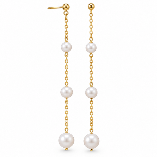 Triple Pearl Cascade Chain Dangle Earrings 14K Yellow Gold 3.5 Inch Drop