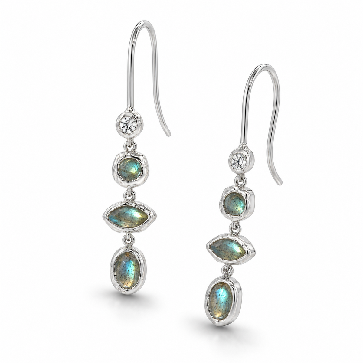 Labradorite CZ Hammered Drop Earrings Rhodium Plated 925 Sterling Silver 50mm