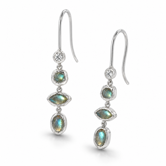 Labradorite CZ Hammered Drop Earrings Rhodium Plated 925 Sterling Silver 50mm