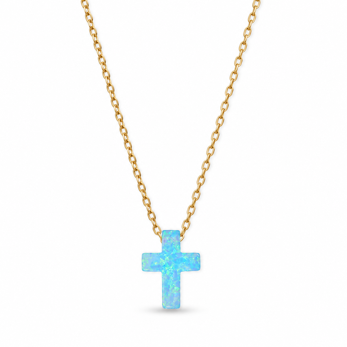 Blue Opal Cross Necklace 14K Gold Plated 925 Silver Synthetic Floating 9x12mm 16+2