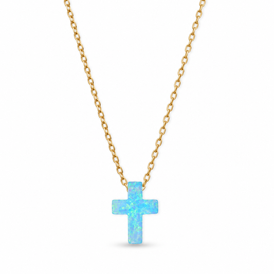 Blue Opal Cross Necklace 14K Gold Plated 925 Silver Synthetic Floating 9x12mm 16+2