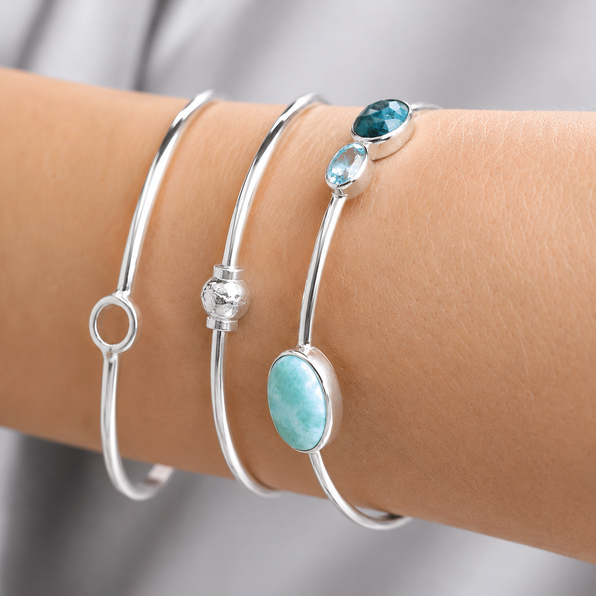 Multistone Stackable Bangle 925 Sterling Silver Larimar Topaz Moonstone 66mm