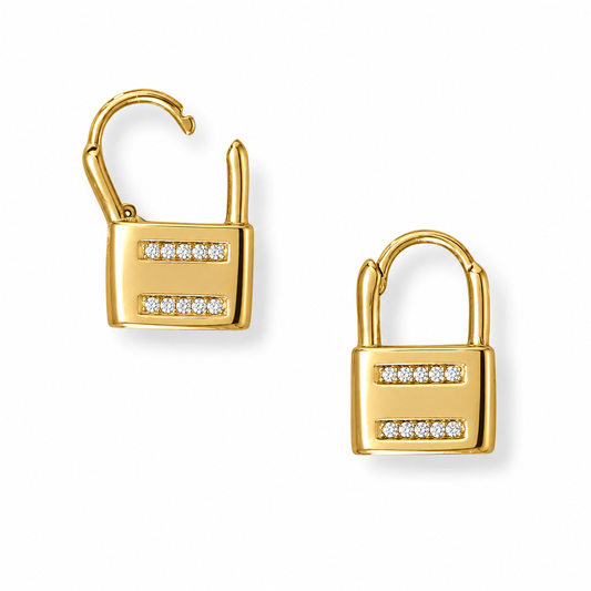 CZ Lock Huggie Earrings 14K Gold Plated 925 Sterling Silver 15.7x10mm