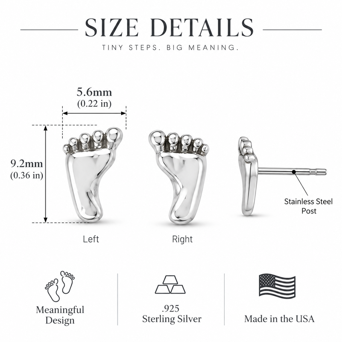 Left Right Feet Stud Earrings 925 Sterling Silver 9.2mm Made in USA
