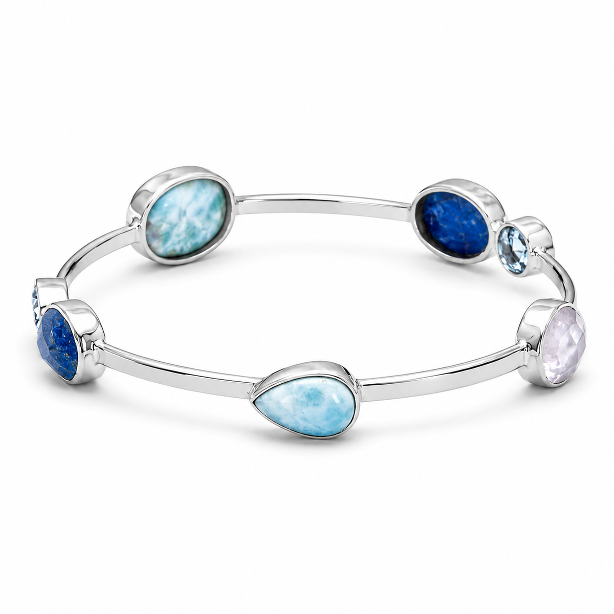 Multistone Stackable Bangle 925 Sterling Silver Larimar Topaz Moonstone 66mm