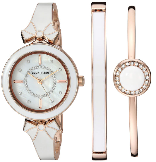 Anne Klein Women's AK/3338WTST Premium Crystal Accented Rose Gold-Tone and White Watch with Bangle Set