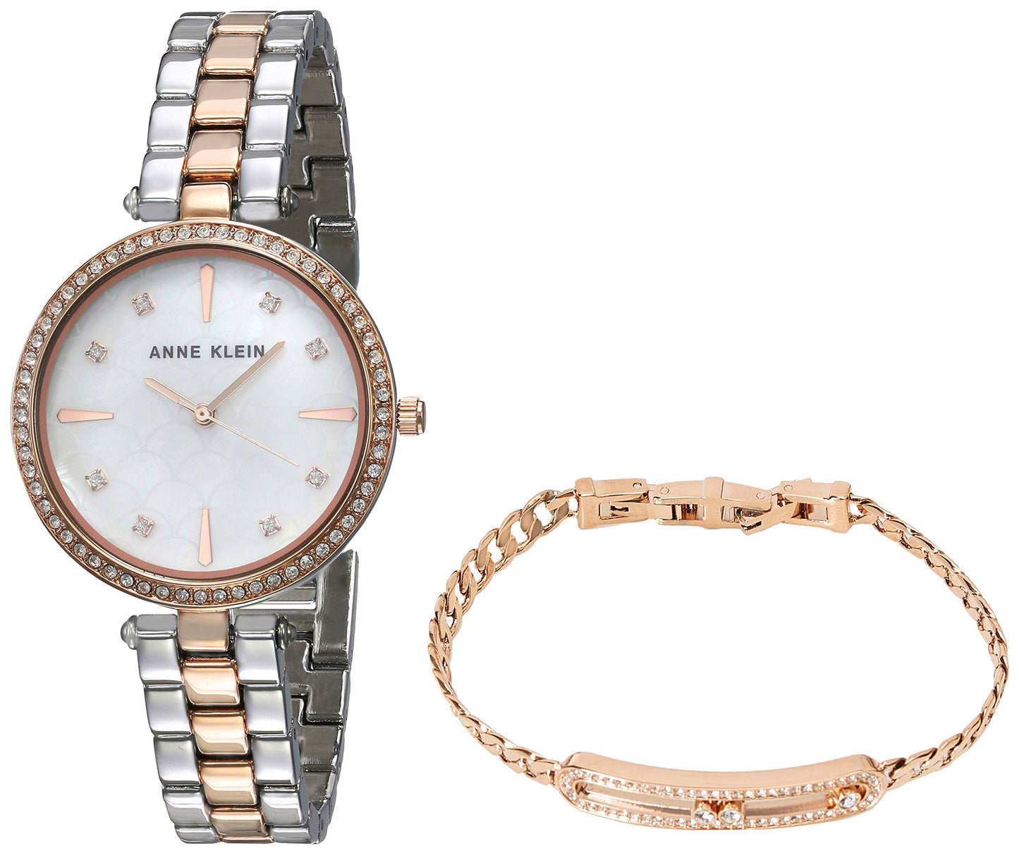 Anne Klein Women's Premium Crystal Accented Silver-Tone and Rose Gold-Tone Watch and Bracelet Set, AK/3559RTST