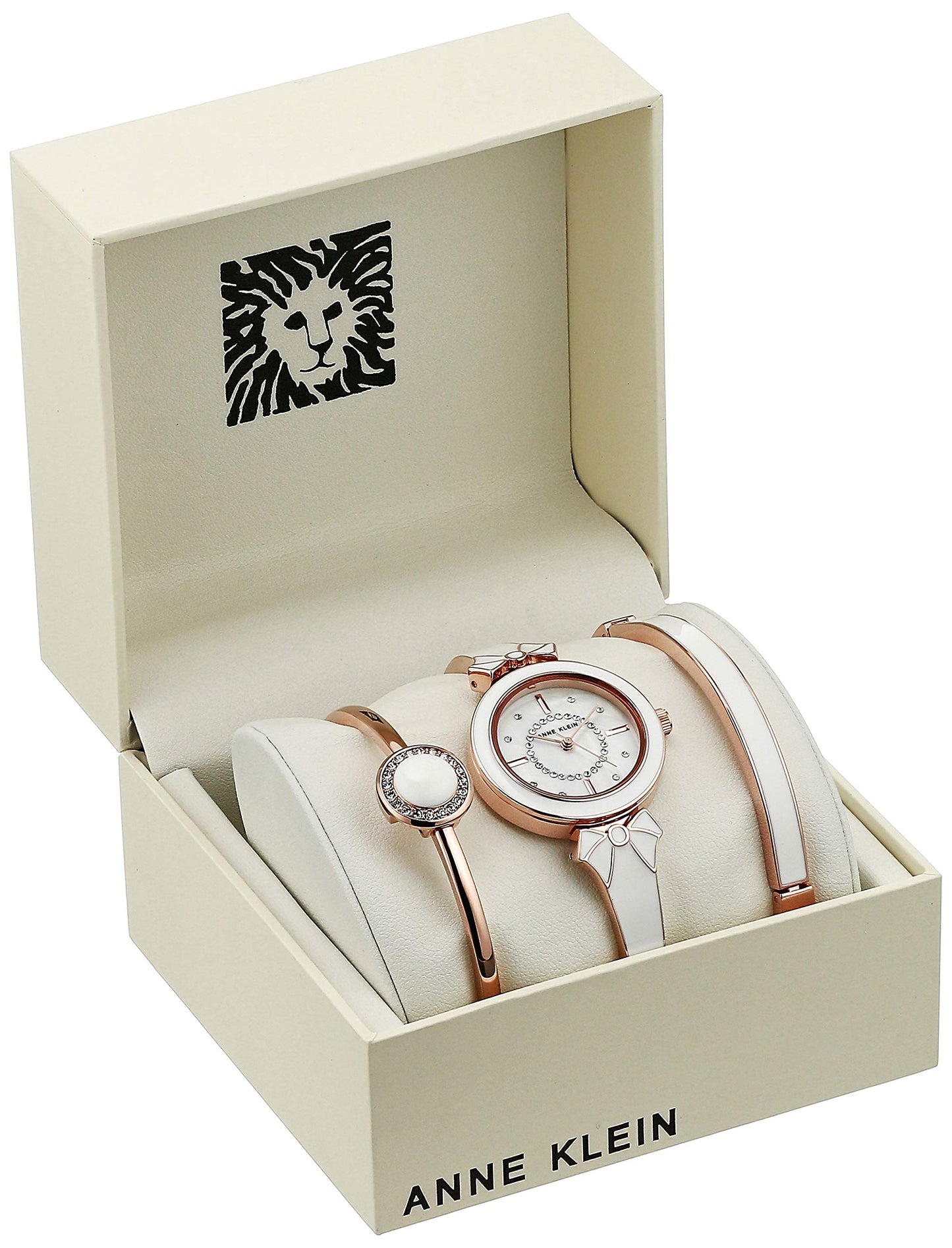 Anne Klein Women's AK/3338WTST Premium Crystal Accented Rose Gold-Tone and White Watch with Bangle Set