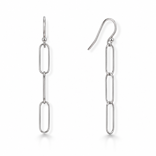 Paperclip Chain Drop Earrings Rhodium Plated 925 Sterling Silver 5x15mm
