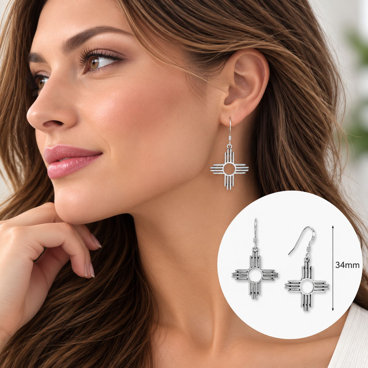Zia Symbol French Wire Earrings 925 Sterling Silver 18.8mm Pueblo Design 34mm