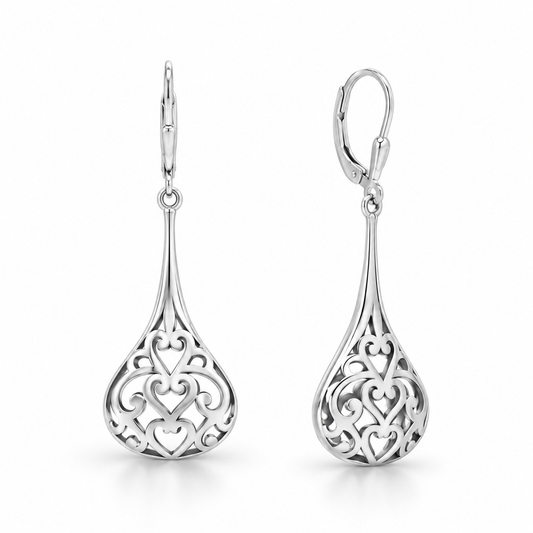 Oxidized Filigree Heart Pear Raindrop Earrings 925 Sterling Silver 15.6mm