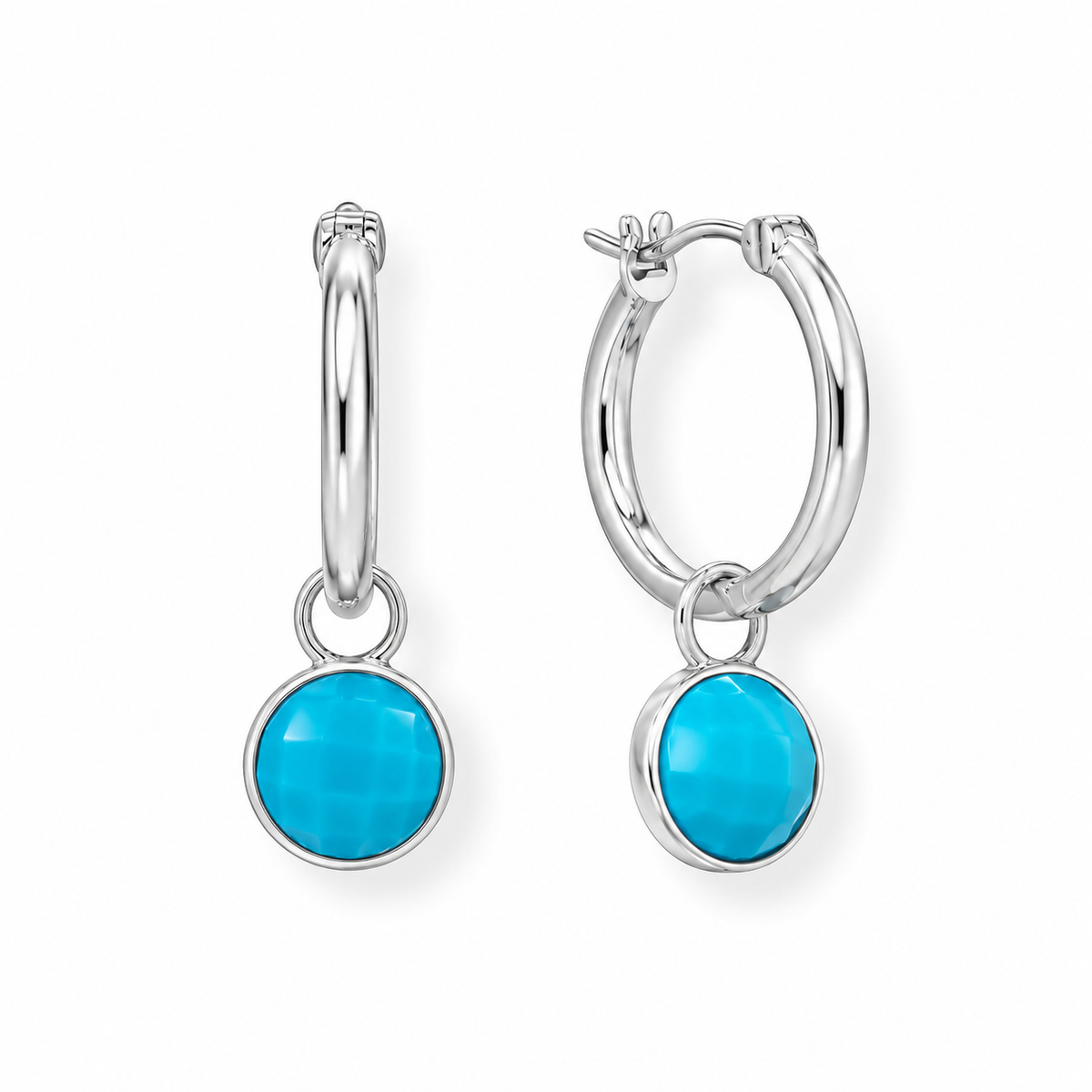 Turquoise Charm Hoop Earrings Rhodium Plated 925 Sterling Silver 27.5mm 2-in-1