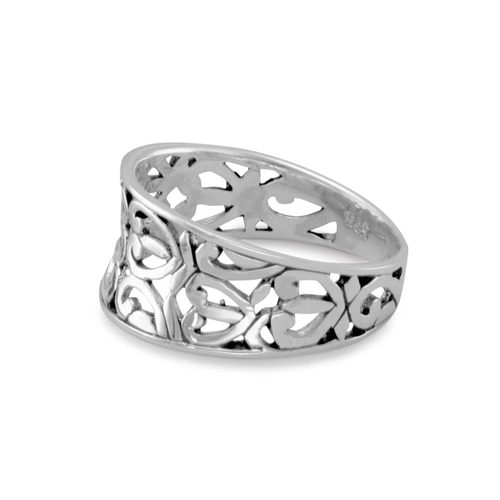 Oxidized Cutout Heart Ring 925 Sterling Silver Tapered Band 10mm to 5mm