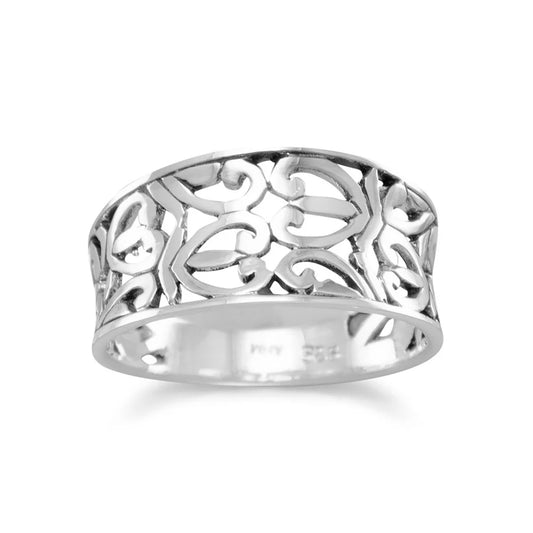 Oxidized Cutout Heart Ring 925 Sterling Silver Tapered Band 10mm to 5mm