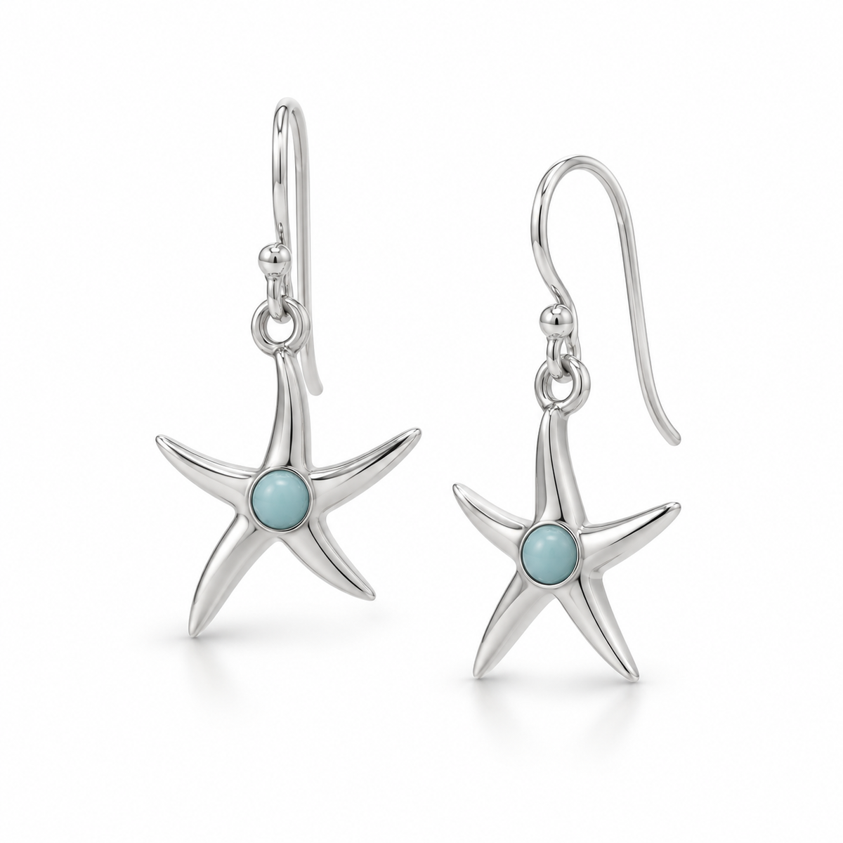 Larimar Starfish French Wire Earrings Rhodium Plated 925 Sterling Silver 29mm