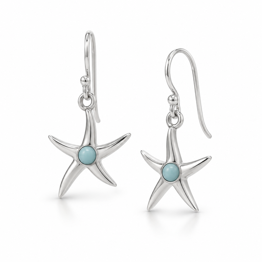 Larimar Starfish French Wire Earrings Rhodium Plated 925 Sterling Silver 29mm