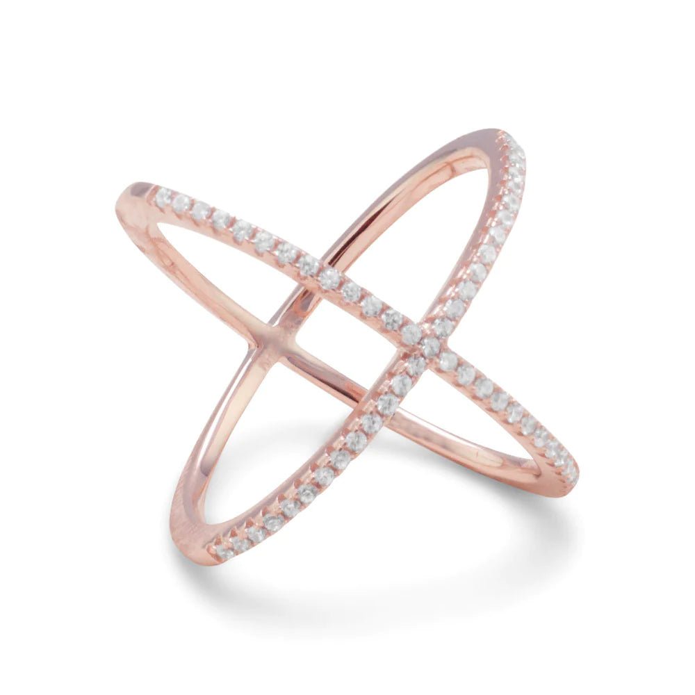 18 Karat Rose Gold Plated Criss Cross 'X' CZ Ring