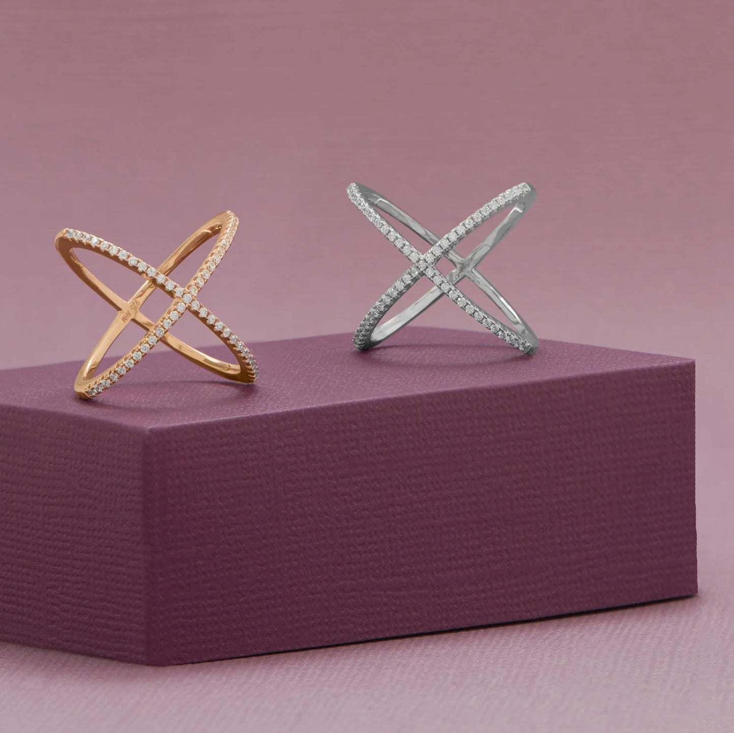 18 Karat Rose Gold Plated Criss Cross 'X' CZ Ring