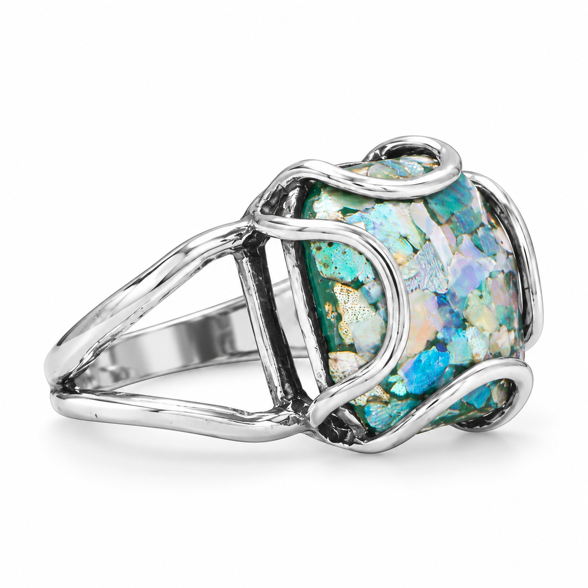 Roman Glass Wire Set Tapered Ring 925 Sterling Silver 14.5mm Sizes 6-9 w/ CoA