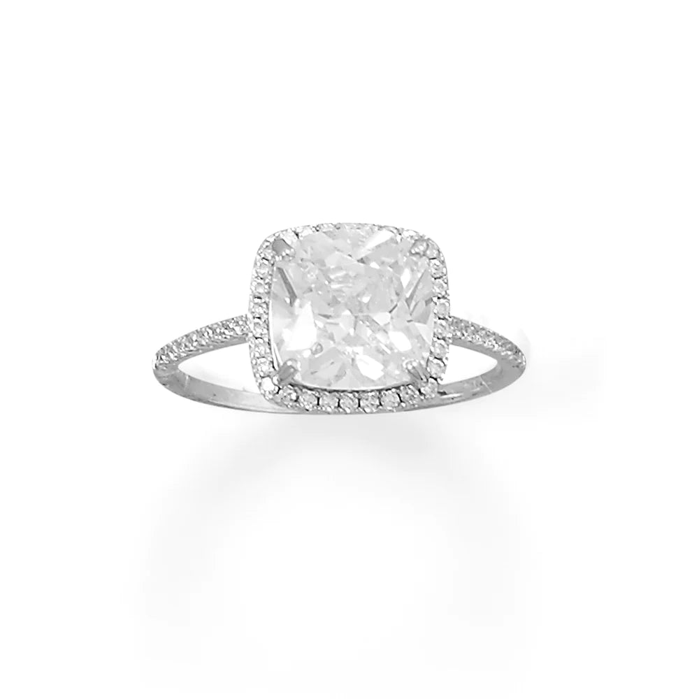 Rhodium Plated Square CZ Ring with CZ Edge