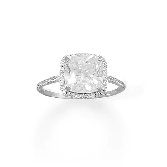 Rhodium Plated Square CZ Ring with CZ Edge