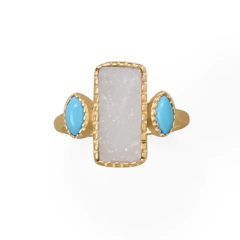 14 Karat Gold Plated Druzy and Synthetic Turquoise Ring